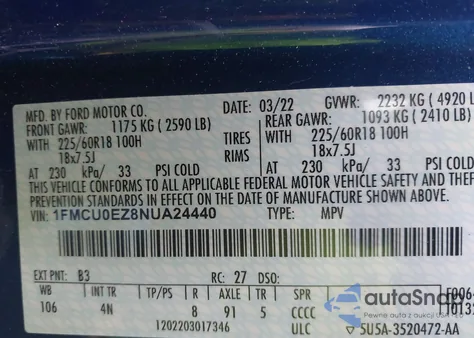 2022 Ford Escape Se Plug-In Hybrid from USA, damaged, VIN 1FMCU0EZ8NUA24440